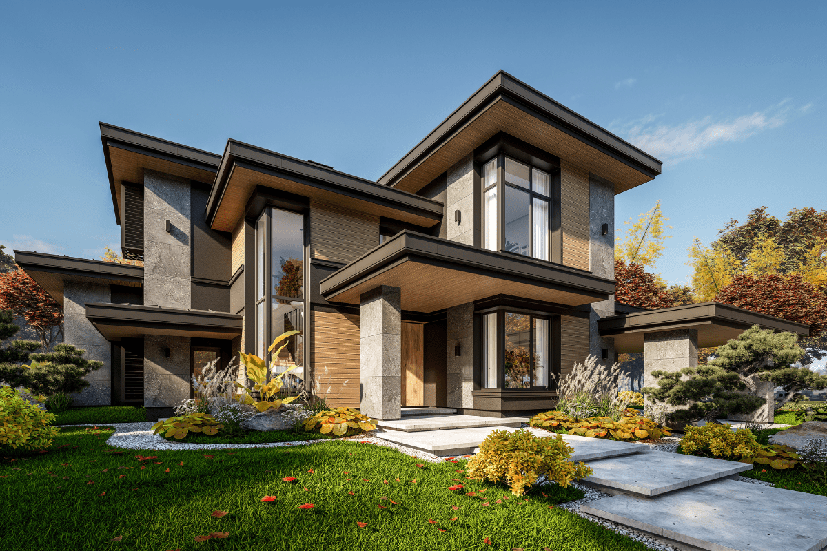Modern house with landscaped garden and pathway.